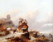 弗雷德里克 马里亚努斯 克鲁斯曼 : A Winterlandscape With A Horserider On A Track Passing A Farmhouse